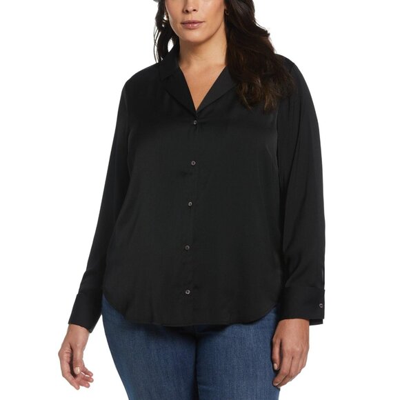 NWT Rafaella Size Notch Collar Satin Long Sleeve Button-Down Blouse Black 1X - Picture 1 of 7